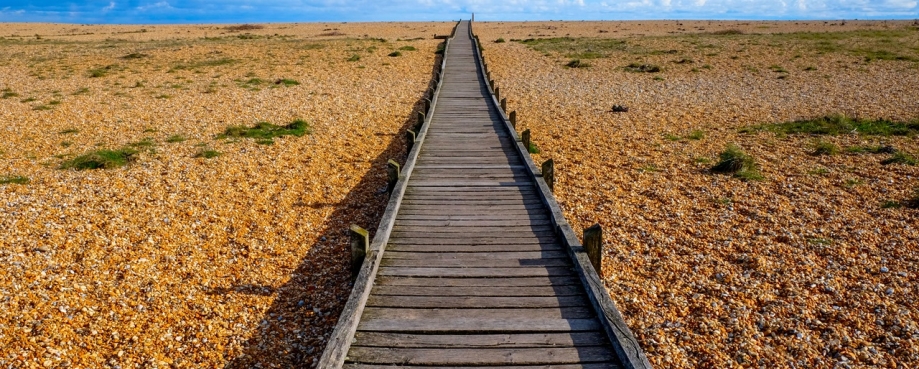 A long straight wooden decking pathway with a diminishing perspective on a pebble beach, the pathway starts large in the foreground centre of the image and becomes smaller as it reaches the horizon. Photo credit: Shutterstock. 