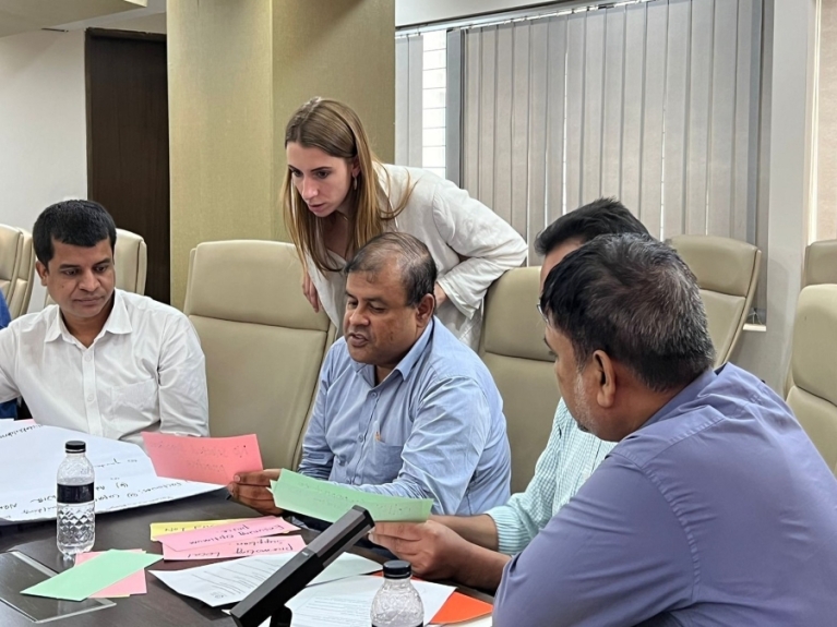 Melissa Kardana, ETI's Purchasing Practices Programme Lead engages with garment industry stakeholders in Bangladesh.