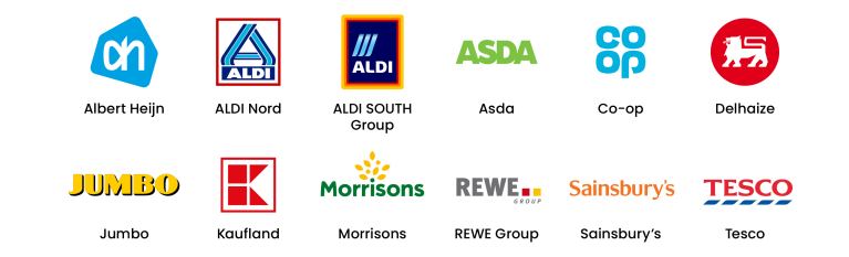 Logos of particpating brands: Aldi Nord, Aldi South, Rewe Group, Kaufland, Tesco, Sainsbury's, Co-op, Asda, Morrisons, Jumbo, Albert Heijn, Delhaize