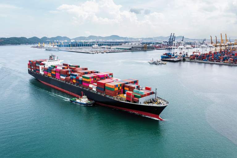 Container ship stacked with cargo