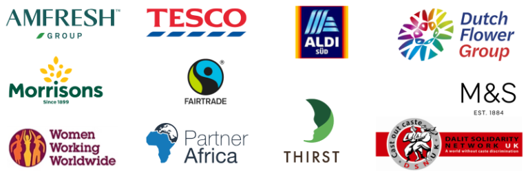 GAIA partner logos: Aldi Sued, AM-Fresh, Co-op, Dalit Solidarity Network UK, Dutch Flower Group, Faitrade, M&S, Morrison’s, Partner Africa, Sainsbury's, Tesco, THIRST & Women Working Worldwide.