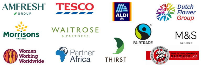 GAIA partner logos: Aldi Sued, AM-Fresh, Co-op, Dalit Solidarity Network UK, Dutch Flower Group, Faitrade, M&S, Morrison’s, Partner Africa, Sainsbury's, Tesco, THIRST, Women Working Worldwide, & Waitrose