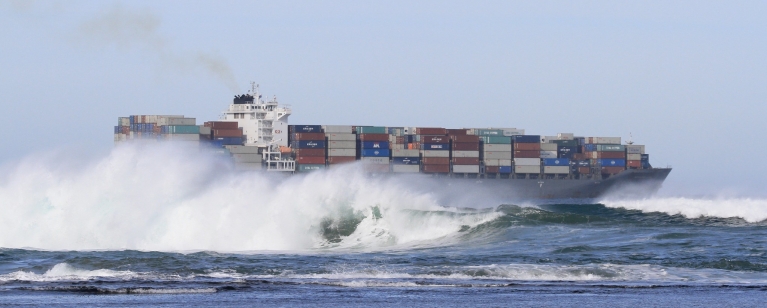 The Hammonia Istria at heads of Port Phillip on a quiet sunny morning.