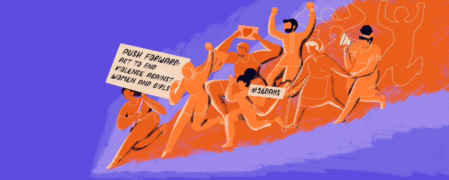 Illustration of a group of people protesting for an end to violence against women. Image credit: UN Women.