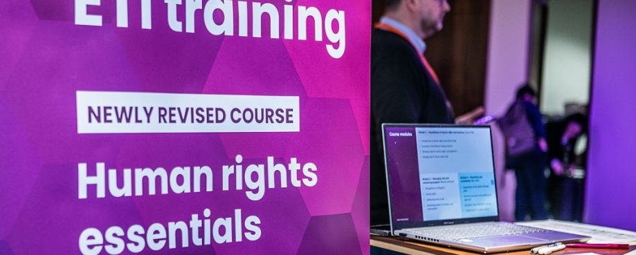 Image of a banner advertising ETI's newly revised human rights essentials training. Photo credit: ETI.
