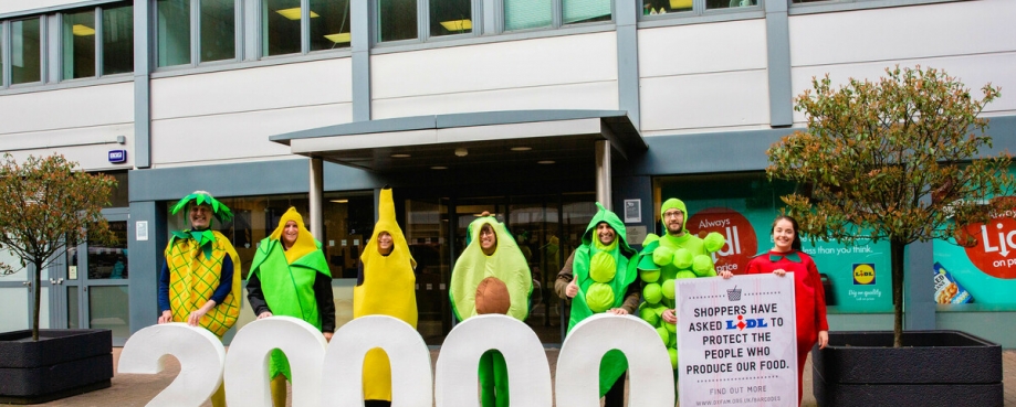 In 2020, Oxfam campaigners dressed as giant fruit and veg handed in a petition with 20,000 signatures at Lidl’s London head office, urging the supermarket to do more to protect the workers behind its food (Picture: Rebecca Lonsdale/Oxfam)