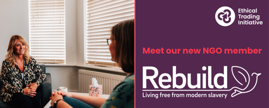 Two women in conversation; Logo of NGO member, Rebuild