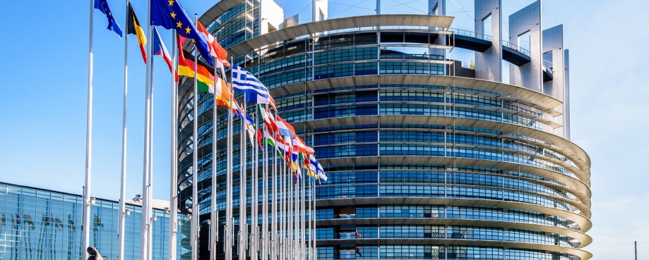 Entrance of the Louise Weiss building, inaugurated in 1999, the official seat of the European Parliament which houses the hemicycle for plenary sessions. Photo credit: Shutterstock.
