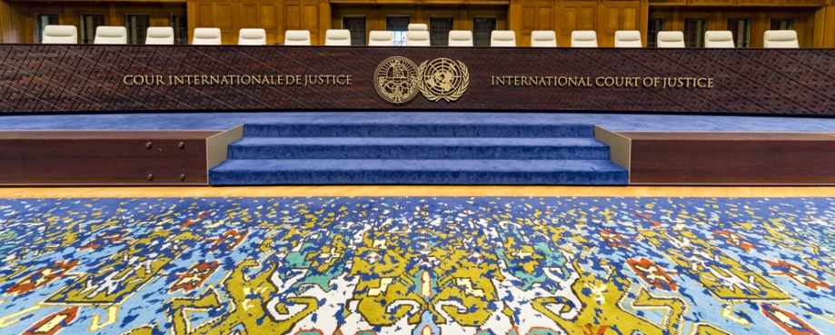 Courtroom and bench of International Court of Justice, principal judicial organ of the United Nations located at The Hague. Photo credit: Shutterstock.