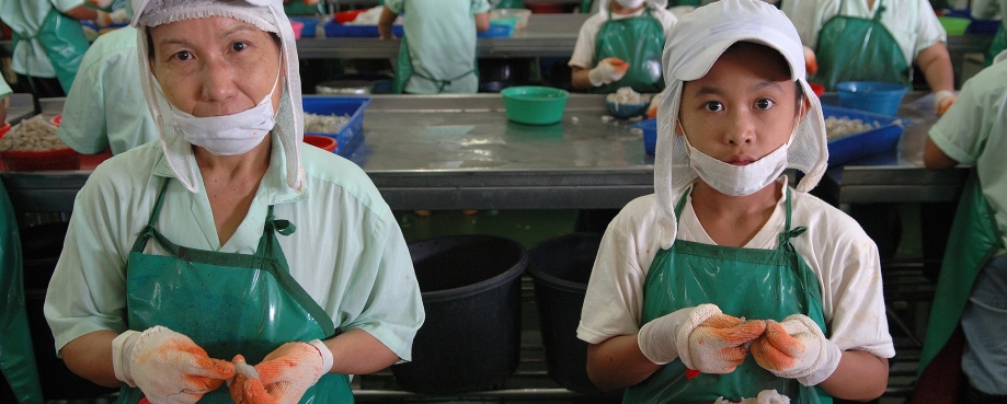 Migrant workers in a Thai shrimp peeling plant © ILO-Thierry Falise