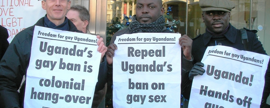Peter Tatchell (L) demonstrates with Ugandan activists. Peter Tatchell (L) demonstrates with Ugandan activists.