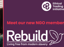 Two women in conversation; Logo of NGO member, Rebuild