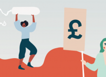 Illustration of women campaigning for better access to mustrual products