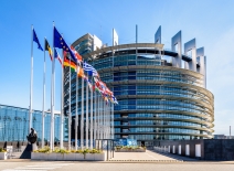 Entrance of the Louise Weiss building, inaugurated in 1999, the official seat of the European Parliament which houses the hemicycle for plenary sessions. Photo credit: Shutterstock.