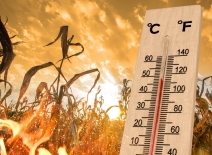 Thermometer showing +45C temparature against backdrop of parched crops under hot sun