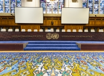 Courtroom and bench of International Court of Justice, principal judicial organ of the United Nations located at The Hague. Photo credit: Shutterstock.